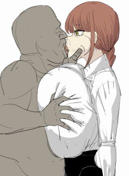 1boy 1girl grabbing_another's_breast groping haittel kiss makima_(chainsaw_man) white_background