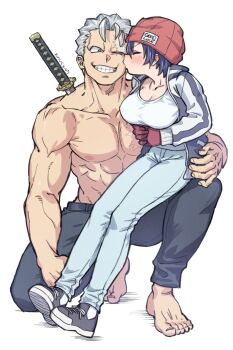1boy 1girl abs andy_(undead_unluck) arms_under_breasts artist_name beanie biceps black_hair black_pants blue_pants blush collarbone couple gloves grey_hair grin hat hetero izumo_fuuko jacket katana kiss kissing_cheek kneeling nanonin obliques open_clothes open_jacket pants pectorals red_gloves red_hair shirt shoes sitting sitting_on_person smile sneakers stab sword taut_clothes taut_shirt thick_neck topless_male undead_unluck weapon