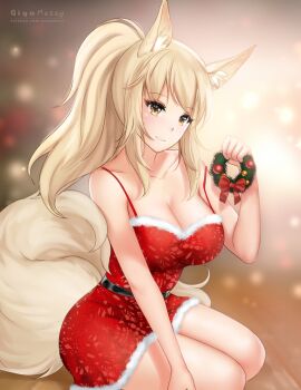 Rule 34 | 1girl, animal ear fluff, animal ears, arknights, artist name, bare arms, bare shoulders, belt, blonde hair, breasts, christmas, christmas wreath, cleavage, collarbone, commentary, commission, dress, english commentary, fur-trimmed dress, fur trim, gigamessy, hand on floor, hand up, head tilt, holding, holding wreath, kneeling, large breasts, light blush, long sidelocks, looking at viewer, nearl (arknights), ponytail, santa costume, santa dress, sidelocks, smile, solo, spaghetti strap, tail, thick eyelashes, wreath