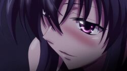 1boy 1girl animated anime_screenshot black_leotard blush bouncing_breasts breasts covered_erect_nipples demon_girl fallen_angel high_school_dxd highres himejima_akeno huge_breasts leotard lips purple_eyes sexually_suggestive shirt sidelocks sound subtitled tagme thong thong_leotard video