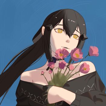 Rule 34 | 1girl, absurdres, bare shoulders, black choker, black dress, black gloves, black hair, blue background, choker, closed mouth, collarbone, commentary, dandelion (girls' frontline), dress, english commentary, flower, flower choker, girls' frontline, girls' frontline 2: exilium, gloves, hair between eyes, hair ornament, hairclip, half gloves, highres, holding, holding flower, light smile, long hair, long sleeves, looking down, off-shoulder dress, off shoulder, sidelocks, simple background, solo, takaprince, upper body, yellow eyes