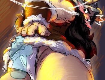 1boy ass bara barry.d.sloth beard blush clothes_lift covering_ass covering_privates disembodied_hand dungeon_meshi dwarf facial_hair fake_horns from_below helmet highres horned_helmet horns lifting_another's_clothes loincloth long_beard male_focus mustache senshi_(dungeon_meshi) shirt_lift shy solo speech_bubble thick_mustache thighs very_long_beard