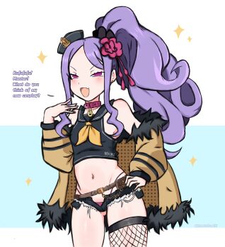 Rule 34 | 1girl, azur lane, bache (azur lane), bache (azur lane) (cosplay), black sailor collar, blush, breasts, collar, commentary, cosplay, denim, denim shorts, english commentary, english text, fang, fate/grand order, fate (series), fishnet thighhighs, fishnets, fur-trimmed jacket, fur trim, gluteal fold, hand on own hip, hand up, high ponytail, highleg, highleg panties, highres, jacket, long hair, looking at viewer, micro shorts, midriff, naotodewitt, navel, neckerchief, open clothes, open jacket, open mouth, open shorts, panties, petite, pink collar, pink eyes, pink panties, ponytail, purple hair, sailor collar, shorts, single thighhigh, skin fang, small breasts, solo, sparkle, stomach, thighhighs, tilted headwear, underwear, wu zetian (fate), yellow jacket, yellow neckerchief