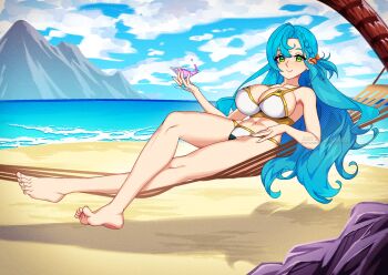 1girl aqua_hair beach bow braid breasts chloe_(fire_emblem) cleavage commentary commission drink english_commentary fire_emblem fire_emblem_engage green_eyes highres holding holding_drink large_breasts long_hair looking_at_viewer mountainous_horizon nintendo on_hammock orange_bow sand side_braid smile solo vekneim vgen_commission