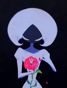 Rule 34 | 2girls, absurdres, arthropod girl, black background, black eyes, black skin, bodysuit, colored skin, commentary, flower, hat, highres, holding, holding flower, hollow eyes, hollow knight, hollow knight: silksong, horned mask, hornet (hollow knight), lace (hollow knight), looking down, mask, multiple girls, red flower, red rose, rose, simple background, sunmk s2, symbol-only commentary, white bodysuit, white hat, white mask