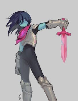 1other androgynous armor black_pants blue_hair blue_skin colored_skin commentary cowboy_shot deltarune grey_background highres holding holding_sword holding_weapon kris_(deltarune) other_focus painterly pants short_hair signature simple_background skrip_0w0 solo standing sword utdr_(toby_fox) variant_set weapon
