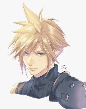 1boy armor blonde_hair blue_eyes blue_sweater cloud_strife commentary_request cropped_torso final_fantasy final_fantasy_vii final_fantasy_vii_remake gogochi55 looking_at_viewer male_focus ribbed_sweater short_hair shoulder_armor signature simple_background single_bare_shoulder sleeveless sleeveless_turtleneck solo spiked_hair sweater turtleneck turtleneck_sweater upper_body