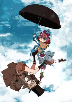 1boy 1girl :d black_coat black_hat black_socks black_umbrella blue_bow blue_dress blue_eyes blue_sky boots bow brown_boots brown_hair brown_shoes brown_vest cloud cloudy_sky coat dress floating flutterpage full_body green_eyes hair_bow hand_in_pocket hat highres holding holding_umbrella leg_up long_dress looking_at_viewer multiple_hair_bows oliver_fog open_mouth pants pants_under_dress pink_bow reverse:1999 shoes short_hair sky smile socks top_hat umbrella upside-down vest ziyunshanding
