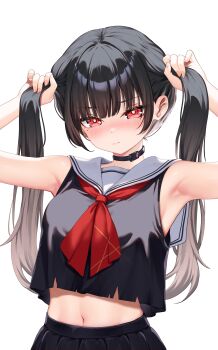 1girl 4ddd absurdres alternate_hairstyle black_choker black_hair black_shirt black_skirt blush breasts chisa_(wuthering_waves) choker closed_mouth commentary_request embarrassed fingernails highres holding holding_own_hair large_breasts long_hair looking_at_viewer mole mole_under_eye navel nose_blush red_eyes sailor_collar shirt simple_background skirt sleeveless sleeveless_shirt solo stomach twintails upper_body white_background white_sailor_collar wuthering_waves