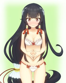 Rule 34 | 10s, 1girl, asakura meito, bare shoulders, black hair, blush, bra, breasts, cleavage, collarbone, cowboy shot, embarrassed, female focus, fingers together, grey eyes, hair ornament, hair tubes, kantai collection, long hair, low-tied long hair, medium breasts, mizuho (kancolle), panties, ribbon, ribbon-trimmed underwear, ribbon trim, sidelocks, solo, underwear, underwear only, very long hair, wavy mouth, white bra, white panties
