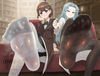 2girls absurdres angela_(project_moon) blue_eyes blue_hair blush brown_hair crossed_legs feet highres hod_(project_moon) library_of_ruina lobotomy_corporation long_hair looking_at_viewer medium_hair multiple_girls pantyhose project_moon sitting smile soles steam toes urin_(littleurin) white_pantyhose yellow_eyes