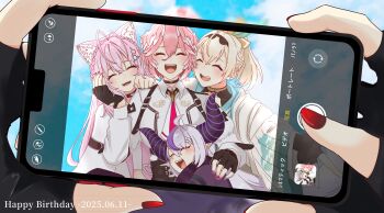 5girls absurdres ahoge animal_ears black_choker blonde_hair cat_ears cat_girl cellphone choker closed_eyes commentary english_commentary facing_viewer female_pov fingernails hakui_koyori hakui_koyori_(1st_costume) happy happy_birthday head_wings highres holding holding_phone hololive holox kazama_iroha kazama_iroha_(1st_costume) la+_darknesss la+_darknesss_(1st_costume) long_hair multiple_girls nail_polish open_mouth phone pink_hair pov pov_hands purple_hair red_nails ringo_21_a sakamata_chloe shirt short_hair smartphone smile takane_lui takane_lui_(1st_costume) taking_picture virtual_youtuber white_shirt wings