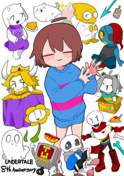 1other 3girls 6+boys absurdres anniversary annoying_dog asgore_dreemurr blue_shorts blue_sweater blush_stickers box brown_hair chara_(undertale) chibi closed_eyes copyright_name dog flowey flowey_(undertale) food frisk_(undertale) highres mettaton multiple_boys multiple_girls napstablook open_mouth papyrus_(undertale) robot sans_(undertale) short_hair shorts sitting smile sweater tadeno temmie toriel undertale undyne utdr_(toby_fox) white_background