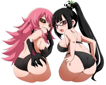 Rule 34 | 2girls, ass, black bra, black hair, black panties, black sclera, blazblue, bra, breasts, colored sclera, from behind, glasses, hair over one eye, konoe a. mercury, large breasts, litchi faye ling, long hair, looking at viewer, looking back, multiple girls, open mouth, panties, pink hair, semi-rimless eyewear, side ponytail, simple background, smile, thong, tongue, under-rim eyewear, underwear, underwear only, very long hair, wedgie, white background, yellow eyes, yuuya (blue scarab)