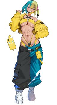 1girl abs absurdres aqua_hair bandeau blonde_hair blue_eyes breasts canari_(pokemon) commentary full_body gen_4_pokemon grin groin highleg highleg_panties highres jacket large_breasts mask mask_pull mouth_mask multicolored_hair navel nintendo panties pants pokemon pokemon_legends:_z-a ramanda rotom rotom_phone shoes simple_background smile solo split-color_hair standing stomach thong twintails two-tone_pants underwear white_background white_shoes yellow_bandeau yellow_jacket