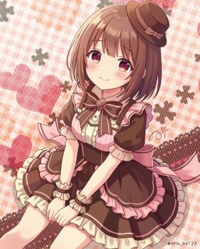 Rule 34 | 1girl, blush, bow, bowtie, breasts, brown bow, brown bowtie, brown dress, brown eyes, brown hair, closed mouth, commentary request, cowboy shot, dot nose, dress, frilled sleeves, frilled wrist cuffs, frills, hat, hat bow, heart, highres, looking at viewer, medium breasts, original, short hair, short sleeves, sidelocks, sitting, smile, solo, striped bow, striped bowtie, striped clothes, uru aoi23, wrist cuffs