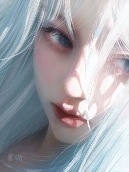 1girl absurdres artist_name black_eyes chinese_commentary close-up closed_mouth commentary_request hair_between_eyes highres light_blush original portrait procreate_(medium) red_lips sidelighting sideways_glance solo white_hair xu_youdian