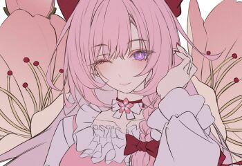 Rule 34 | 1girl, alternate costume, bow, braid, closed mouth, collarbone, diamond-shaped pupils, diamond (shape), elysia (herrscher of human: ego) (honkai impact), elysia (honkai impact), fingernails, hair bow, hand up, honkai (series), honkai impact 3rd, light blush, looking at viewer, nail polish, neon (pixiv 31150749), official alternate costume, one eye closed, pink hair, pointy ears, portrait, purple eyes, red bow, red nails, smile, solo, symbol-shaped pupils, unfinished