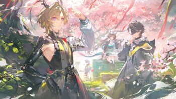 Rule 34 | 1girl, 3boys, arknights, arknights: endfield, black hair, black jacket, blindfold mask, branch, brown hair, catcher (arknights), chen qianyu (arknights), day, dragon horns, dragon tail, endministrator (arknights), falling petals, flower, highres, holding, holding flower, horns, jacket, lifeng (arknights), looking at viewer, male endministrator (arknights), mask, mechanical arms, multiple boys, official art, outdoors, petals, plum blossoms, purple eyes, renjian shilian, second-party source, single mechanical arm, tail, tree