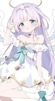 Rule 34 | 1girl, absurdres, angel wings, bare shoulders, blunt bangs, blush, bow, breasts, choker, collarbone, commentary request, dot nose, dress, feathered wings, flower choker, foot out of frame, green bow, green choker, green eyes, green shoes, halo, hand up, highres, long hair, looking at viewer, off-shoulder dress, off shoulder, open mouth, original, purple hair, shoes, simple background, small breasts, socks, solo, traditional halo, urotsuki (ku9625), white background, white dress, white socks, white wings, wings, yellow halo