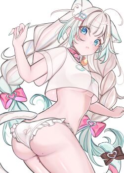 1girl absurdres ahoge animal_ear_fluff animal_ears ass ass_cutout bell black_bow blue_eyes blush bow braid breasts butt_crack cat_ears cat_girl cat_tail closed_mouth clothing_cutout collar commentary cowboy_shot cropped_shirt english_commentary fingernails frilled_panties frills gradient_hair green_nails hair_bow hair_ornament hand_up heart_cutout highres indie_virtual_youtuber jingle_bell long_hair looking_at_viewer medium_breasts mint_fantome mint_fantome_(otaku) mole mole_on_ass mole_on_thigh multicolored_hair multiple_moles nail_polish neck_bell official_alternate_costume official_alternate_hair_length official_alternate_hairstyle panties panty_cutout parted_bangs pink_bow pink_collar rosheil shirt short_sleeves simple_background solo tail tail_bow tail_ornament twin_braids underboob underwear virtual_youtuber white_background white_hair white_panties white_shirt x_hair_ornament
