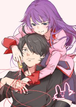 1boy 1girl ahoge araragi_koyomi bakemonogatari black_hair black_shirt black_thighhighs blue_eyes blush closed_mouth collarbone collared_shirt couple grey_eyes hair_over_one_eye highres holding juliet_sleeves long_hair long_sleeves looking_at_another looking_up miniskirt monogatari_(series) naoetsu_high_school_uniform necktie one_eye_covered pink_shirt pleated_skirt puffy_sleeves purple_hair purple_necktie purple_skirt school_uniform senjougahara_hitagi shirt simple_background skirt stapler thighhighs upper_body usa003uni very_long_hair white_background