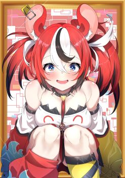 1girl 4m4t0_0321 absurdres animal_ear_fluff animal_ears asymmetrical_sleeves bare_shoulders black_hair blue_eyes blush breasts bright_pupils cheese collar detached_sleeves dice_hair_ornament dot_nose double-parted_bangs fangs food glint hair_between_eyes hair_ornament hakos_baelz hakos_baelz_(1st_costume) highres hololive hololive_english jewelry key key_necklace looking_at_viewer medium_breasts mismatched_sleeves mouse_ears mouse_girl mousetrap multicolored_hair necklace open_mouth outside_border red_hair shirt smile solo spiked_collar spikes squatting straight-on streaked_hair twintails virtual_youtuber white_hair white_pupils white_shirt