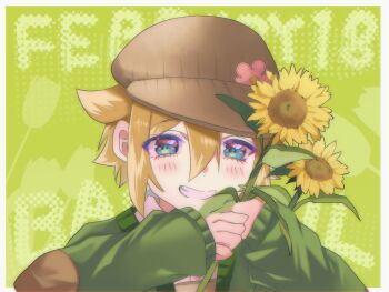 Rule 34 | 1boy, basil (birthday) (omori), basil (faraway) (omori), basil (omori), blonde hair, blue eyes, blush, brown hat, cardigan, character name, commentary request, dated, double-parted bangs, flower, green cardigan, grin, hair between eyes, hat, highres, kauchi (kani10cauchi), long sleeves, looking at viewer, male focus, newsboy cap, official alternate costume, omori, open cardigan, open clothes, open mouth, short hair, sidelocks, smile, solo, sunflower, teeth, upper body