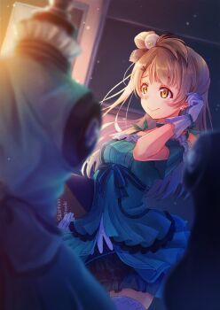 1girl ahoge birthday blush breasts brown_hair commentary earrings gloves highres holding holding_sketchbook jewelry long_hair love_live! love_live!_school_idol_project macken666 medium_breasts minami_kotori one_side_up sketchbook yellow_eyes