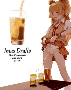 1girl ad blonde_hair brown_vest cleft_of_venus clothes_lift commentary diathorn english_commentary english_text glass gluteal_fold highres idolmaster idolmaster_cinderella_girls jougasaki_rika loli long_hair neck_ribbon pee peeing peeing_in_cup plaid_clothes plaid_skirt pussy red_ribbon ribbon shirt skirt skirt_lift solo vest white_background white_shirt