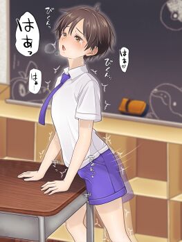 1boy :o board_eraser breath brown_eyes brown_hair bulge chalkboard classroom collared_shirt commentary_request crotch_rub desk florian_(pokemon) highres indoors male_focus male_masturbation masturbation motion_lines necktie nintendo open_mouth pokemon pokemon_sv purple_necktie purple_shorts saliva school_desk school_uniform shirt short_hair short_sleeves shorts shota solo spsp_san table_humping trembling white_shirt