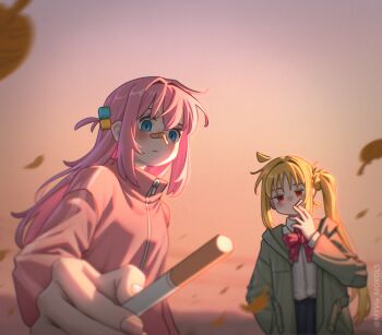 2girls ahoge artist_name autumn autumn_leaves bandaid bandaid_on_face bandaid_on_nose between_fingers blonde_hair blue_eyes blush bocchi_the_rock! bow bowtie braid breasts brown_jacket cigarette closed_mouth commentary cube_hair_ornament detached_ahoge english_commentary evening expressionless falling_leaves fingernails giving gotoh_hitori gradient_sky hair_between_eyes hair_ornament hand_up holding holding_cigarette ijichi_nijika jacket leaf long_hair long_sleeves looking_at_viewer motion_blur mouth_hold multiple_girls myvia_mokols one_side_up orange_sky outdoors pink_hair pink_jacket pink_track_suit polka_dot polka_dot_bow polka_dot_bowtie pov red_bow red_eyes school_uniform shimokitazawa_high_school_uniform shirt side_ahoge side_ponytail side_ponytail_with_braided_base skirt sky smoking track_jacket track_suit white_shirt