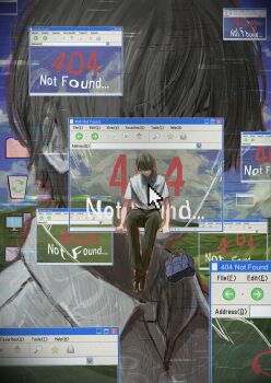 1boy absurdres bag black_hair cursor desktop_(computing) distortion dokudokuo english_text error_message faceless fake_sky full_body glitch head_down highres icon_(computing) microsoft_windows multiple_views original revealing_layer shirt short_hair sitting slouching white_shirt window_(computing) windows_xp