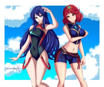 absurdres alternate_costume bikini blue_eyes blue_hair blue_sky breasts core_crystal_(xenoblade) cosplay costume_switch crossover fire_emblem fire_emblem_awakening fire_emblem_cipher highres large_breasts long_hair looking_at_viewer lucina_(fire_emblem) medium_breasts multiple_girls nintendo pyra_(pro_swimmer)_(xenoblade) pyra_(xenoblade) red_eyes red_hair short_hair sky sonicheroxd swimsuit thighs xenoblade_chronicles_(series) xenoblade_chronicles_2