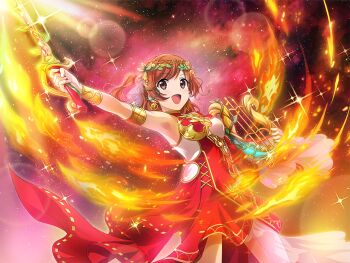 Rule 34 | 1girl, aijou karen, apollo (mythology), apollo (mythology) (cosplay), armpits, bracer, breasts, brown eyes, brown hair, cosplay, dress, earrings, fire, game cg, greek mythology, head wreath, holding, holding harp, holding sword, holding weapon, jewelry, looking at viewer, medium breasts, official art, open mouth, pyrokinesis, red dress, short hair, shoujo kageki revue starlight, shoujo kageki revue starlight -re live-, solo, standing, swept bangs, sword, two side up, upper body, weapon