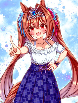 1girl animal_ears bare_shoulders blue_skirt blush breasts brown_hair casual collarbone commentary_request daiwa_scarlet_(casual)_(umamusume) daiwa_scarlet_(umamusume) fang frilled_shirt frills hair_intakes highres horse_ears horse_girl horse_tail large_breasts long_hair looking_at_viewer off-shoulder_shirt off_shoulder open_mouth plaid_clothes plaid_skirt red_eyes shirt skirt smile solo sugimotty_nova tail tiara twintails umamusume very_long_hair white_shirt
