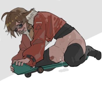 1girl 2542442836 aciddrop_(arknights) ahoge animal_ears arknights bird_ears bird_girl black_thighhighs blue_eyes bottomless brown_hair commentary_request female_masturbation goggles jacket kneeling long_hair long_sleeves looking_at_viewer masturbation no_shoes open_mouth pussy_juice sex_toy simple_background skateboard solo thighhighs tinted_eyewear vibrator vibrator_in_thighhighs wavy_mouth white_background