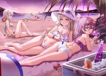 2_ru 6+girls absurdres aika_himena aika_himena_(swimsuit_costume) ass azumi_hagumu azumi_hagumu_(swimsuit_costume) ball bare_arms bare_legs bare_shoulders barefoot beach beach_towel beachball bead_bracelet bead_necklace beads belly_chain bikini black_bikini blonde_hair blunt_ends bottle bracelet breasts buried can choker cleavage closed_mouth collarbone commentary_request cooler crab cup drink_can drinking_glass earrings eyewear_on_head flower flower-trimmed_bikini flower_necklace frilled_bikini frills full_body green_eyes hair_behind_ear hair_between_eyes hair_flower hair_ornament hat hermit_crab hibiscus highleg highleg_bikini highres holding holding_cup holding_trowel ice ice_cube jewelry kagura_san kagura_san_(swimsuit_costume) kurusu_alexandra kurusu_alexandra_(swimsuit_costume) layered_bikini leaning_back leg_up light_blush linea_alba long_hair long_sidelocks looking_at_viewer lying magia_record:_mahou_shoujo_madoka_magica_gaiden mahou_shoujo_madoka_magica margarita_glass median_furrow medium_breasts miwa_mitsune miyabi_shigure miyabi_shigure_(swimsuit_costume) mountainous_horizon multiple_girls navel necklace ocean off-shoulder_bikini off_shoulder official_alternate_costume on_back on_side open_mouth outdoors palm_leaf palm_tree parted_lips petite pink_bikini pink_flower pink_skirt polka_dot polka_dot_skirt profile purple-tinted_eyewear purple_bikini purple_eyes purple_hair red-tinted_eyewear rock sand sand_writing side-tie_bikini_bottom sideboob sidelocks signature signing sitting skirt sky smile soda_can star_(sky) starfish starry_sky sun_hat sunset surfboard surfing sweat swept_bangs swimsuit tinted_eyewear towel tree trowel turtle twitter_username white_bikini white_choker white_hair white_hat wine_bottle wristband yellow_bikini yellow_flower yukari_miyuri yukari_miyuri_(swimsuit_costume)
