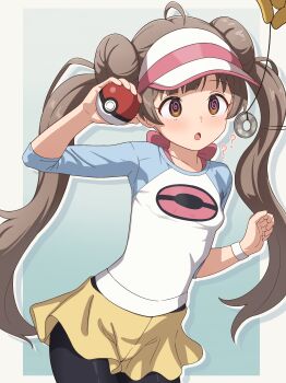 1girl :o ? @_@ absurdres ahoge black_pantyhose blue_sleeves blush breasts brown_eyes brown_hair coin coin_on_string commentary_request cosplay cowboy_shot donut_hair_bun double_bun drop_shadow gen_1_pokemon gradient_background hair_bun hakozaki_serika hand_up highres holding holding_poke_ball hypno hypnosis idolmaster idolmaster_million_live! large_variant_set long_hair milliani mind_control nintendo open_mouth out_of_frame pantyhose poke_ball poke_ball_(basic) pokemon pokemon_black_2_and_white_2 raglan_sleeves rosa_(pokemon) rosa_(pokemon)_(cosplay) shirt short_shorts shorts small_breasts smile solo_focus standing twintails variant_set visor_cap white_shirt wristband yellow_shorts