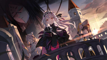 3girls absurdres bell black_crown black_tiara blonde_hair brown_hair chime_(nikke) crown crown_(nikke) goddess_of_victory:_nikke grey_hair highres hyonee modernia_(nikke) modernia_(second_affection)_(nikke) multiple_girls official_alternate_costume rapture_queen_(nikke) red_eyes tiara upper_body white_knight_(nikke)