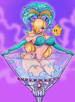 1girl abstract_background alternate_costume blonde_hair blue_eyes blue_feathers blue_gloves breasts carnival cup elbow_gloves feathers glass gloves hair_over_one_eye highres in_container in_cup large_breasts long_hair looking_at_viewer luma_(mario) mario_(series) martin_stvartak navel nintendo purple_background rosalina solo yellow_feathers