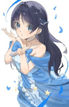 1girl armpit_crease bare_shoulders blue_dress blue_eyes blue_hair braid cho_toutoi_love commentary cowboy_shot dress frilled_dress frills half_up_braid half_updo highres link!_like!_love_live! long_hair looking_at_viewer love_live! mole mole_on_neck murano_sayaka off-shoulder_dress off_shoulder official_alternate_costume princess raised_inner_eyebrows simple_background solo virtual_youtuber white_background zen66574227