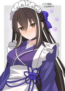 1girl absurdres apron black_hair blue_kimono blush bow breasts brown_eyes choker fate/grand_order fate_(series) hair_bow highres japanese_clothes kawakami_gensai_(fate) kawakami_gensai_(second_ascension)_(fate) kimono long_hair long_sleeves looking_at_viewer maid_headdress medium_breasts multicolored_hair sidelocks solo streaked_hair white_apron white_hair wide_sleeves yuzu_sanma
