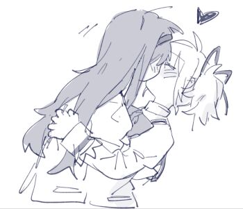 2girls akemi_homura blush bow bowtie closed_eyes commentary english_commentary ezier greyscale hairband hand_on_another&#039;s_back heart highres juliet_sleeves kaname_madoka kiss long_hair long_sleeves mahou_shoujo_madoka_magica mahou_shoujo_madoka_magica_(anime) mitakihara_school_uniform monochrome multiple_girls puffy_sleeves school_uniform twintails yuri