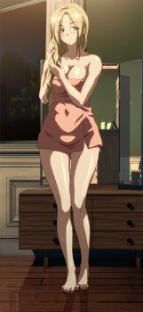 1boy 1girl 2010s 2011 age_difference barefoot blonde_hair blue_eyes blush breasts cleavage collarbone dresser feet female_focus fingernails bad_tag game_cg highres huge_breasts indoors interior kamimura_akiko keisuke_(sisters) leaves long_hair mature_female mirror naked_towel older_female_and_younger_male sisters_~natsu_no_saigo_no_hi~ sky smile smiley_face solo step-incest stepmother stepmother_and_stepson toenails toes towel tree water water_drop wet wet_breasts wet_hair window