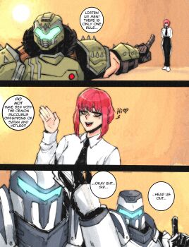 1girl 3boys absurdres armor assault_visor black_necktie black_pants blouse blue_visor chainsaw_man collared_shirt doom:_the_dark_ages doom_(series) doom_eternal doomguy elite_guard_(doom) formal_clothes green_armor high-waist_pants highres long_sleeves lordkillerghost makima_(chainsaw_man) multiple_boys necktie office_lady pants praetor_suit red_hair ringed_eyes shirt shirt_tucked_in short_hair smile space_marine white_shirt yellow_eyes