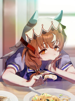 1girl absurdres animal_ears blush eating food grey_hair highres horse_ears horse_girl long_hair looking_at_viewer multicolored_hair no_uwazumi pasta plate red_eyes sailor_collar school_uniform short_sleeves single_polished_nail solo spaghetti still_in_love_(umamusume) streaked_hair table tracen_school_uniform umamusume upper_body veil