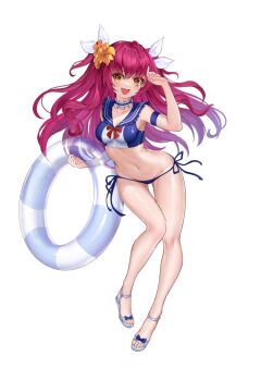 1girl ahoge armband artist_request bare_legs bikini blue_sailor_collar bow bow_bikini collar collarbone fang final_gear flower flower_hairband footwear_bow frilled_collar frills full_body garren_(final_gear) gathers hair_flower hair_ornament hair_ribbon happy hibiscus highres hip_bones holding holding_swim_ring innertube light_blush looking_to_the_side midriff multicolored_bikini navel official_art open_mouth pink_hair red_bow ribbon sailor_collar sandals see-through_innertube shoe_strap side-tie_bikini_bottom simple_background skin_fang solo swim_ring swimsuit tachi-e third-party_source transparent_background two-tone_bikini white_ribbon white_sandals yellow_eyes