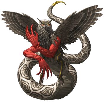 1boy absurdres amon_(megami_tensei) beak bird claws demon_(megami_tensei) doi_masayuki feathered_wings feathers highres official_art owl scales shin_megami_tensei shin_megami_tensei:_deep_strange_journey shin_megami_tensei:_strange_journey snake_tail solo tail third-party_source transparent_background wings yellow_eyes