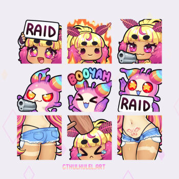 >_< +_+ 1girl :3 antennae arthropod_girl artist_name black_panties blonde_hair blue_shorts blunt_bangs chibi chibi_only closed_eyes closed_mouth colored_sclera commentary cthulhulel dark-skinned_female dark_skin denim denim_shorts english_commentary english_text eyelashes fingerless_gloves fire gloves grey_background gun gyaru holding holding_gun holding_sign holding_weapon ichigo_lemonade indie_virtual_youtuber insect_girl long_hair mallet mismatched_eyebrows moth_girl multicolored_hair multiple_expressions multiple_views navel open_mouth panties pink_eyes pink_hair pubic_tattoo purple_gloves red_sclera short_shorts shorts sign simple_background smile star-shaped_pupils star_(symbol) stomach symbol-shaped_pupils tan tanline tattoo tearing_up thick_eyebrows thighs two-tone_hair underwear virtual_youtuber weapon yellow_eyes